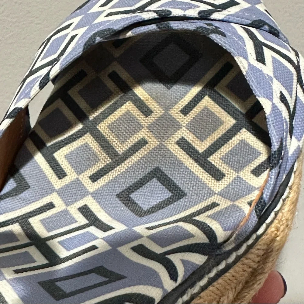 Tory Burch Navy Espadrille Wedge Ankle Strap All Over Logo Print Size 8 B